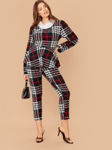 Plus Plaid 2 In 1 Peplum Top and Skinny Pants Set