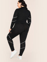 Plus Mesh Inset Contrast Stitch Top & Drawstring Waist Leggings Set