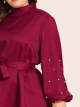 Plus Mock Neck Pearls Detail Belted Top & Pants Set