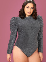Plus Mock-neck Gigot Sleeve Glitter Bodysuit