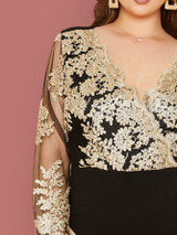 Plus Surplice Neck Embroidery Mesh Bodysuit