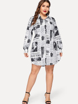 Plus Newspaper Print Curved Hem Shirt Dress