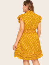 Plus Polka Dot Print Tie Neck Ruffle Cuff Belted Dress