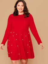 Plus Solid Pearls Beaded Dress