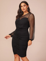 Plus Dobby Mesh Yoke Ruched Detail Sweetheart Dress
