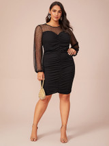 Plus Dobby Mesh Yoke Ruched Detail Sweetheart Dress