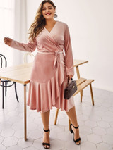 Plus Ruffle Hem Belted Velvet Wrap Dress