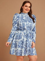 Plus Mock Neck Landscape Print Gigot Sleeve Belted Dress