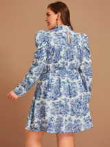 Plus Mock Neck Landscape Print Gigot Sleeve Belted Dress