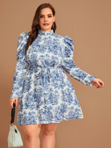 Plus Mock Neck Landscape Print Gigot Sleeve Belted Dress