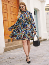 Plus Mock Neck Graphic Print Belted Dress