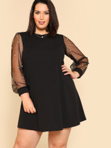  Plus Pearl Beading Mesh Sleeve Dress