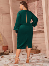 Plus Surplice Neck Split Back Lantern Sleeve Satin Dress
