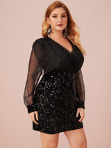 Plus Surplice Wrap Organza Bodice Sequin Dress
