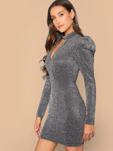 Keyhole Neck Gigot Sleeve Glitter Dress