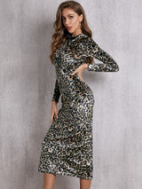 SBetro Mock-neck Leopard Velvet Bodycon Dress