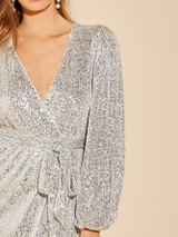  Lantern Sleeve Wrap Belted Sequin Dress