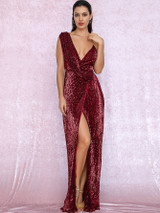 Asymmetrical Neck Wrap Sequin Prom Dress