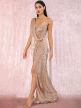 Twist Split Thigh Backless Draped Maxi Sequins Dress