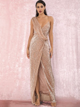 Twist Split Thigh Backless Draped Maxi Sequins Dress