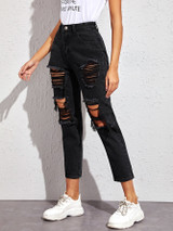 Ripped Pocket Side Boyfriend Jeans Without Belted