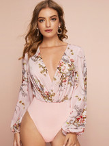 Plunging Neck Lantern Sleeve Floral Print Combo Bodysuit