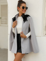 Contrast Feather Tweed Cape Coat