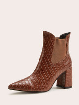Point Toe Croc Embossed Chunky Boots