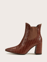 Point Toe Croc Embossed Chunky Boots