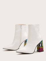 Contrast Heel Side Zip Point Toe Boots