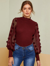 Lettuce Trim 3D Applique Sleeve Rib-knit Top