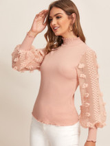 Lettuce Trim 3D Applique Sleeve Rib-knit Top
