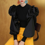 O Neck Puff Sleeve Ruched Sweater