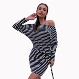 Women Summer Sexy Off Shoulder Striped Print Mini Dress