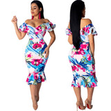 Floral Print Off Shoulder Plunging V-Neck Midi  Dress