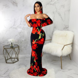 Strapless Off Shoulder Floral Print Bodycon Dress