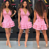 V-Neck Halter  Mini A-Line  Multi Layer Ruffles Dress