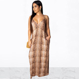 Women Leopard  V-Neck Spaghetti Strap Maxi Dress