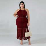 Women Plus Size Midi Dress Lace Patchwork