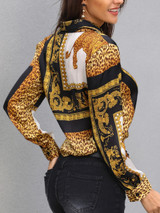 Leopard Print Knot Front Long Sleeve Blouse