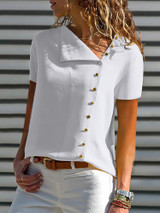Leisure White Short Sleeve Buttoned Casual Blouse