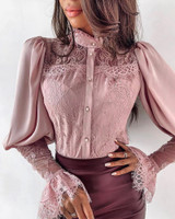 Lace Patchwork Puff Sleeve Buttoned Blouse