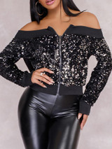 Sequins Off Shoulder Binding Zipper Up Jacket