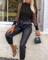 Solid Mesh Patchwork See Through Beaded Detail Blouse