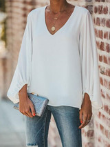 V Neck Puff Long Sleeve Loose Blouse