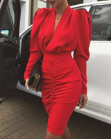 V Neck Sexy Ruched Hot Red Bodycon Dress