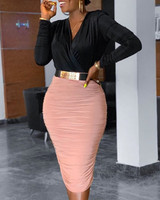 Ruched Ladies Colorblock Insert Bodycon Dress (Without Belt)
