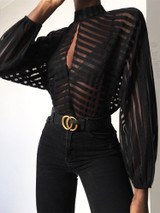 Stripes Keyhole Front Mesh Blouse