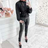 Stripes Keyhole Front Mesh Blouse