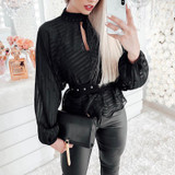 Stripes Keyhole Front Mesh Blouse